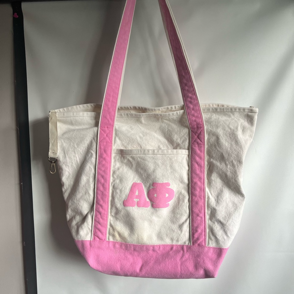 Greek life alpha omega Pink and White Canvas Tote Bag